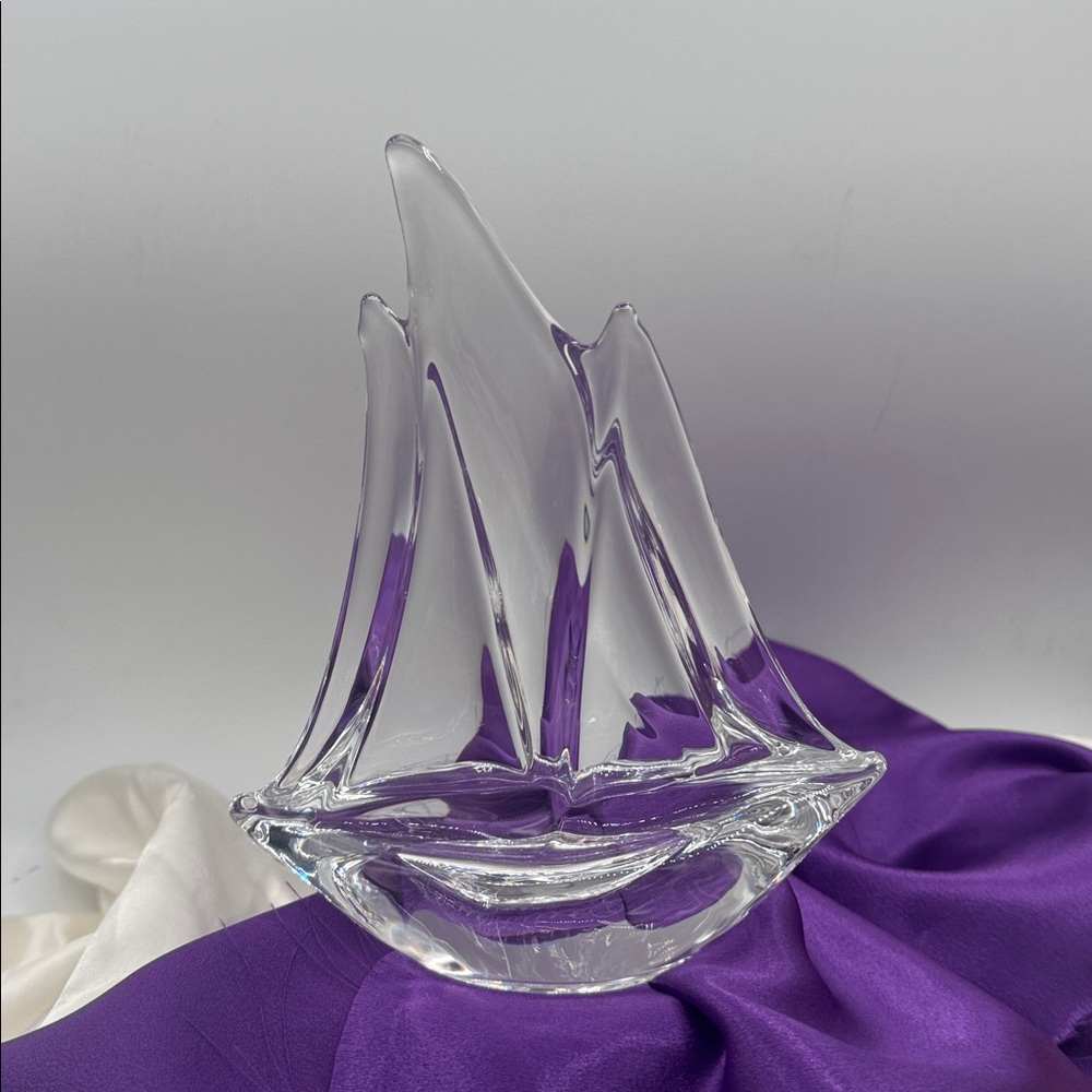 Daum Elegant Crystal Triple Mast Sailboat Figurine, signed.